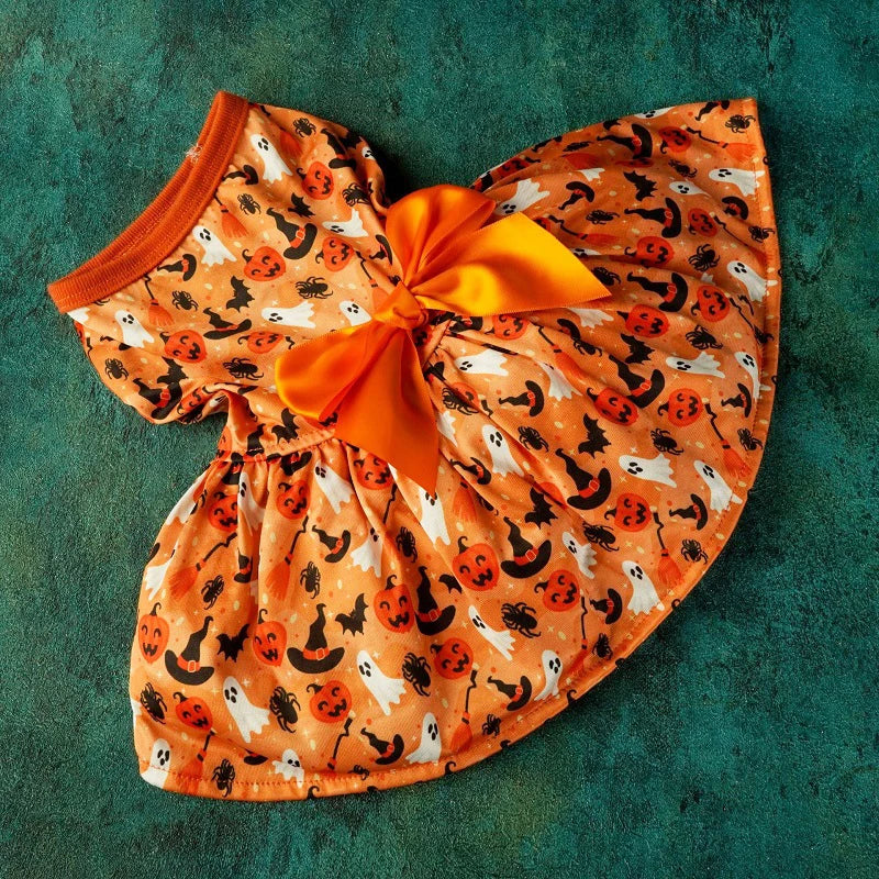 Halloween Dog Clothes with Pumpkin Print Funny Pet Dress Chihuahua Yorkie Clothing Bow Mesh Party Clothing Cat Costume Dog Dress