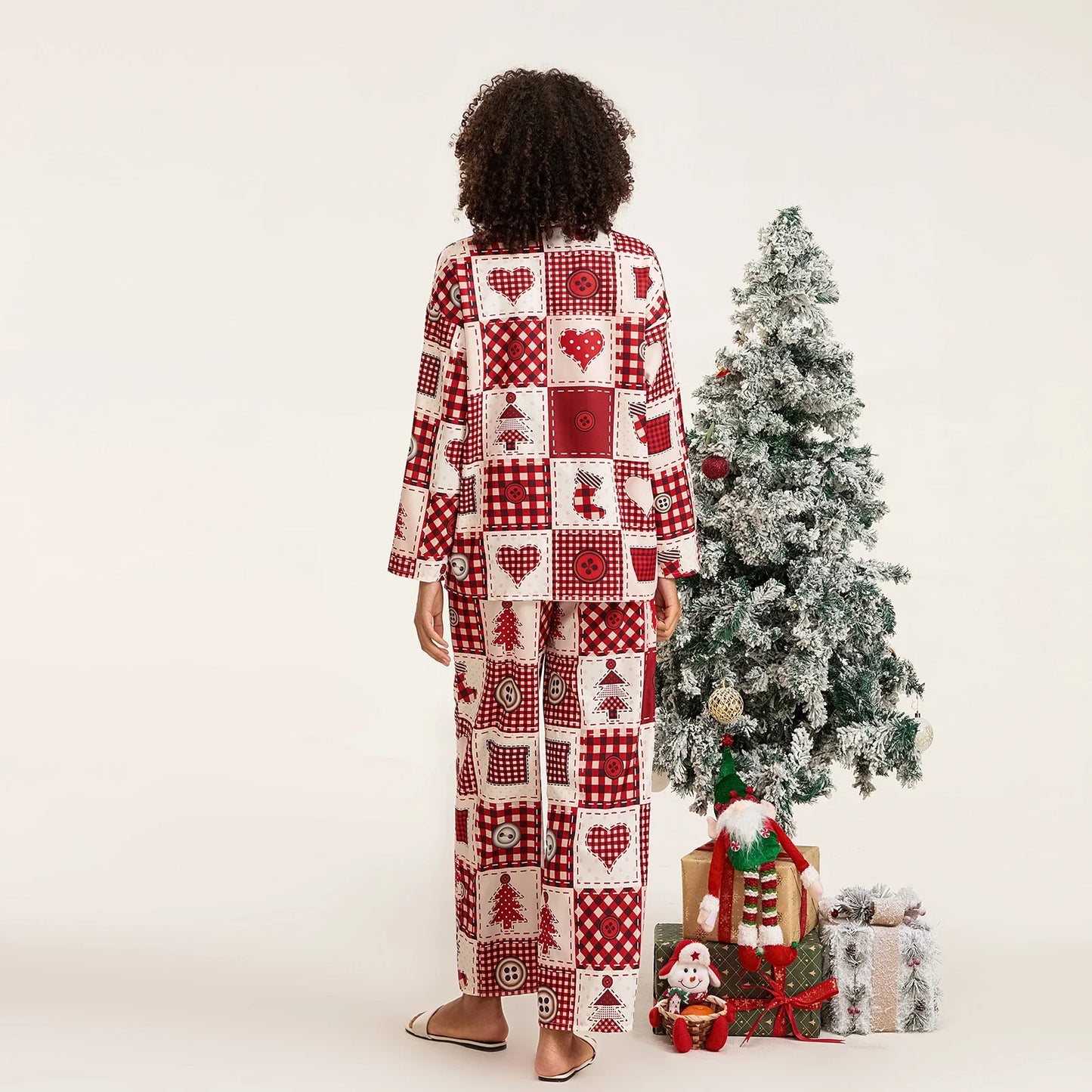 Women Christmas Pajama Set 2 Pieces Snow/Tree Print Long Sleeve T-shirt with Elastic Waist Pants Outfits Sleepwear Loungewear