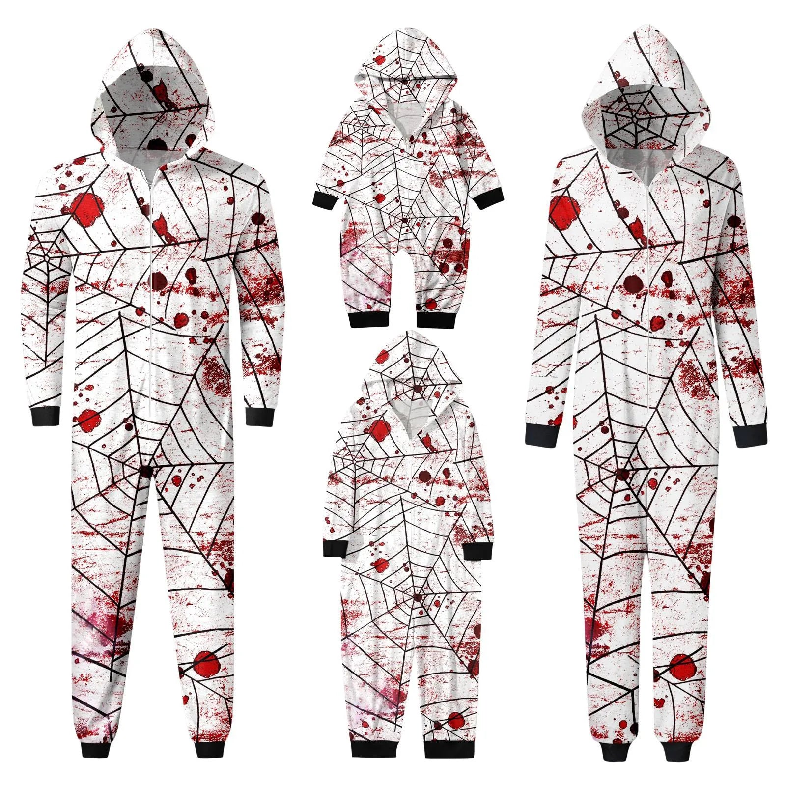 Halloween Family Matching Spider Web Print Jumpsuit with Zip and Hood, Perfect for Family Parties and Cosplay