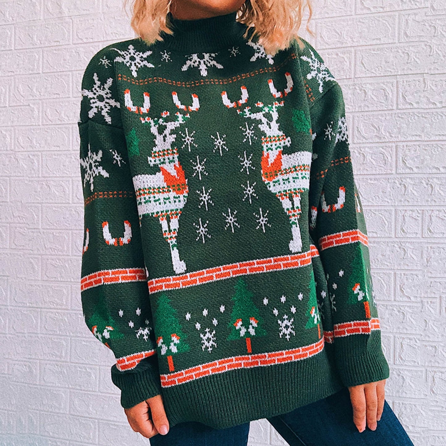 Korean Style Christmas Elk Sweater – Casual Crew Neck Long Sleeve Pullover