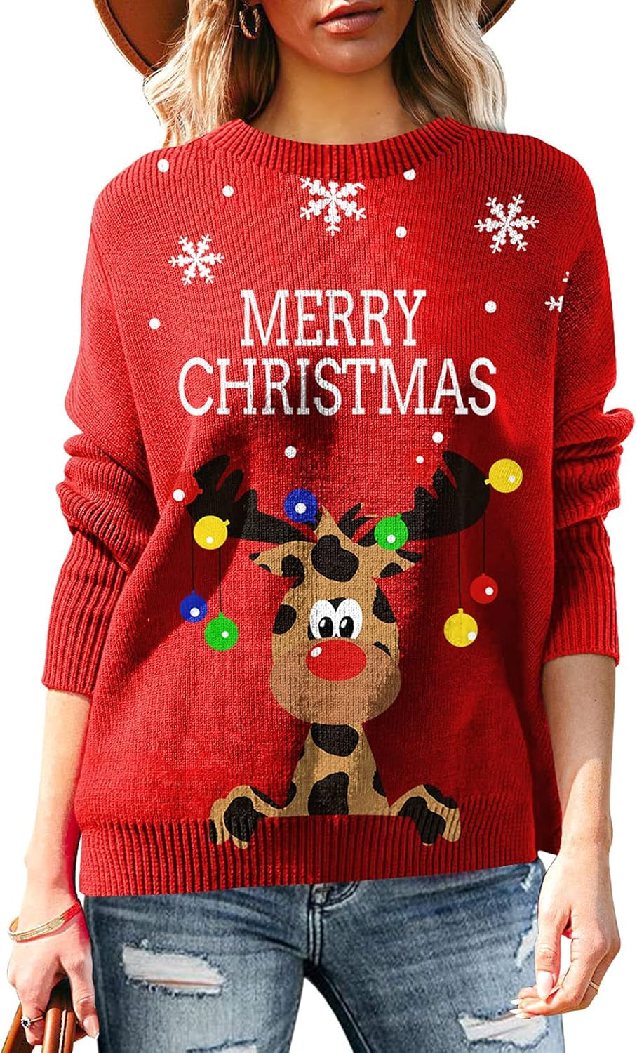 Women'S Cute Funny Ugly Christmas Sweater Snowflake Reindeer Holiday Knit Sweater Pullover