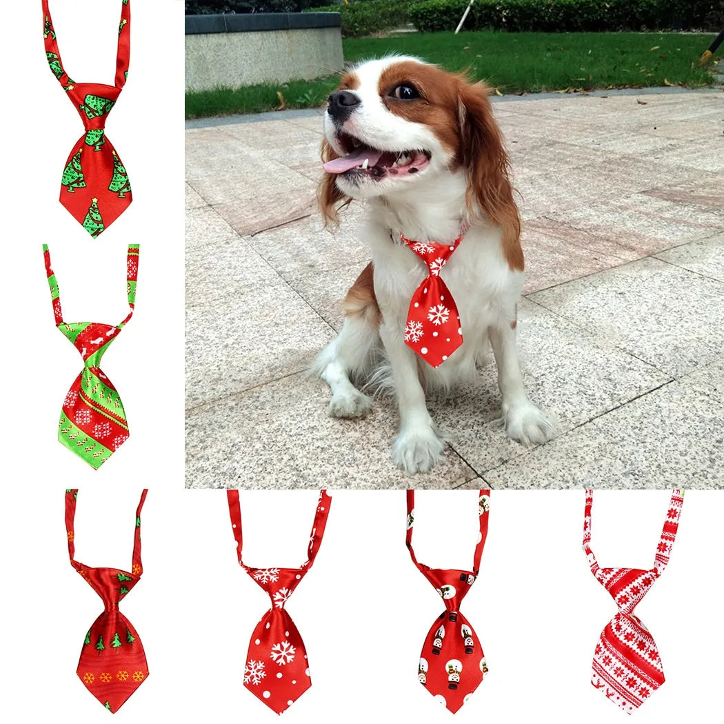 A collection of vibrant Christmas-themed pet ties featuring various holiday patterns like snowflakes, Christmas trees, stripes, and snowmen. Suitable for dogs and cats of all sizes.