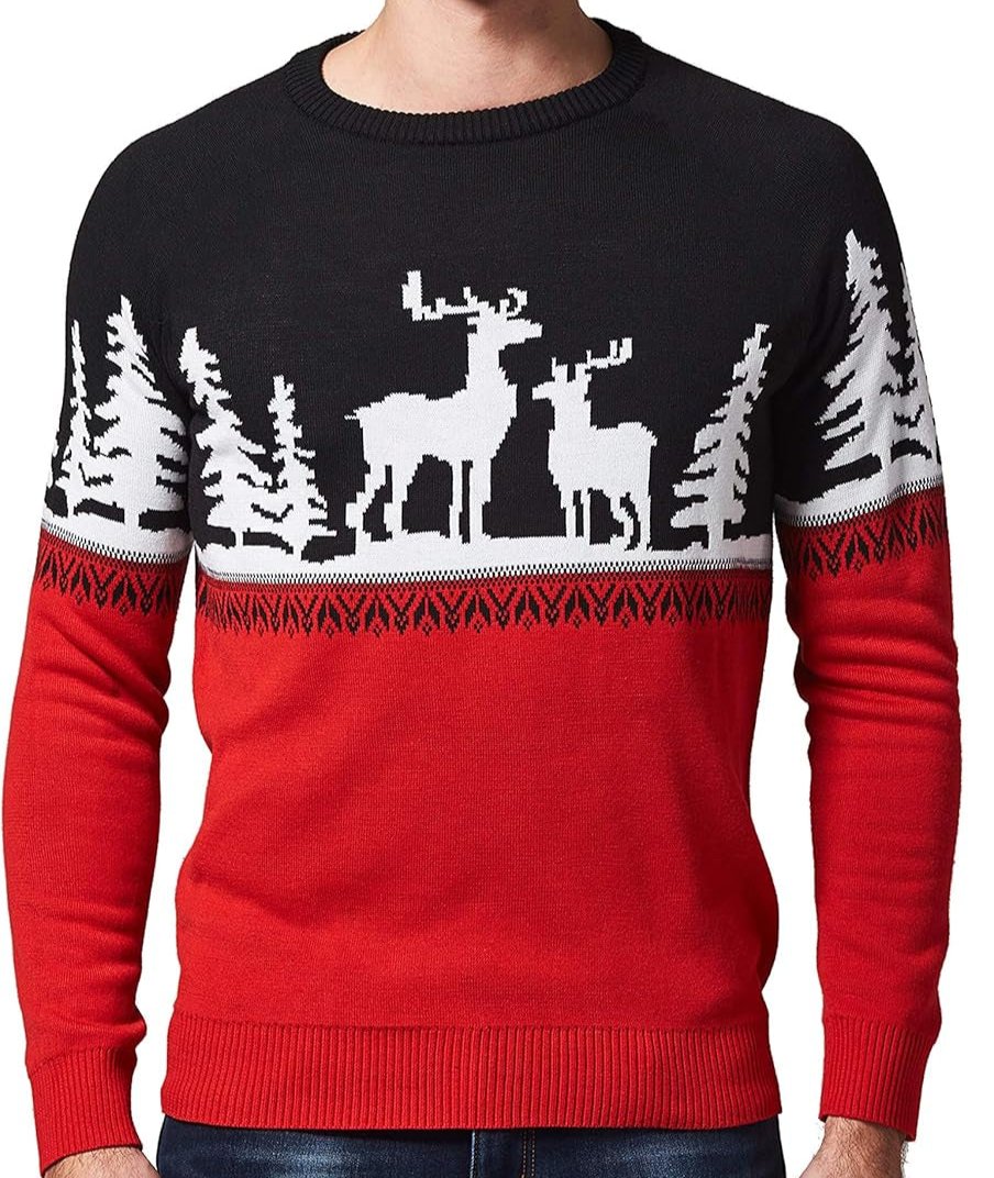 A men's ugly Christmas sweater with a playful reindeer design, featuring a classic crew neck and cozy knit fabric, perfect for adding humor and warmth to holiday celebrations.