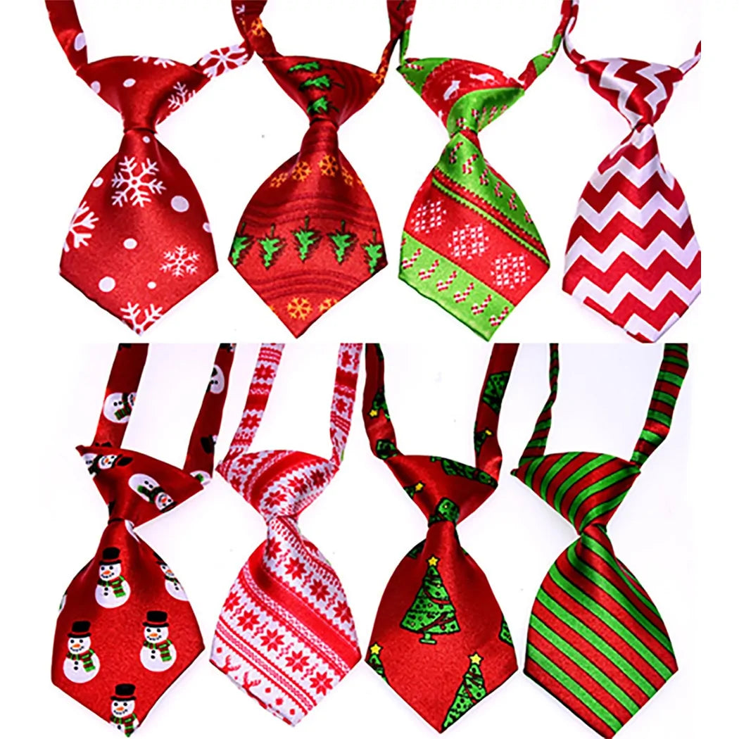 A collection of vibrant Christmas-themed pet ties featuring various holiday patterns like snowflakes, Christmas trees, stripes, and snowmen. Suitable for dogs and cats of all sizes.