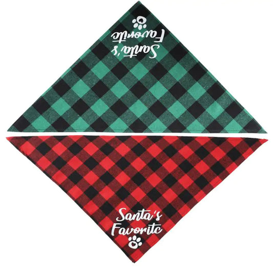 Christmas Plaid Pet Bandanas – Red and Green Plaid with 'Santa's Favorite' Print for Festive Holiday Fun.