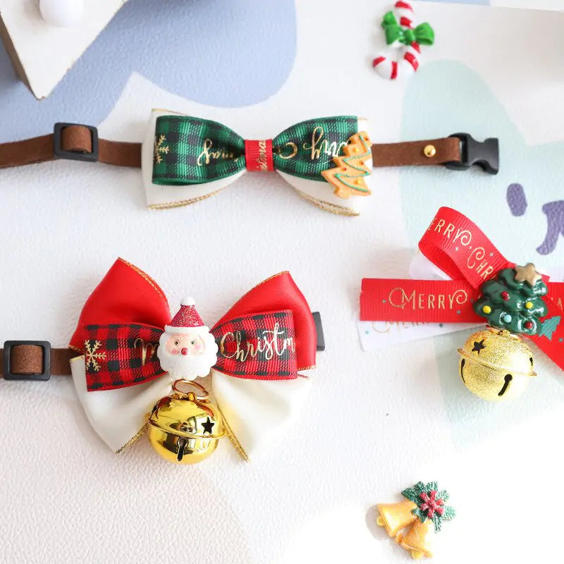 A festive pet collar bow tie with Christmas-themed patterns, designed for both dogs and cats to add a touch of holiday charm and elegance.